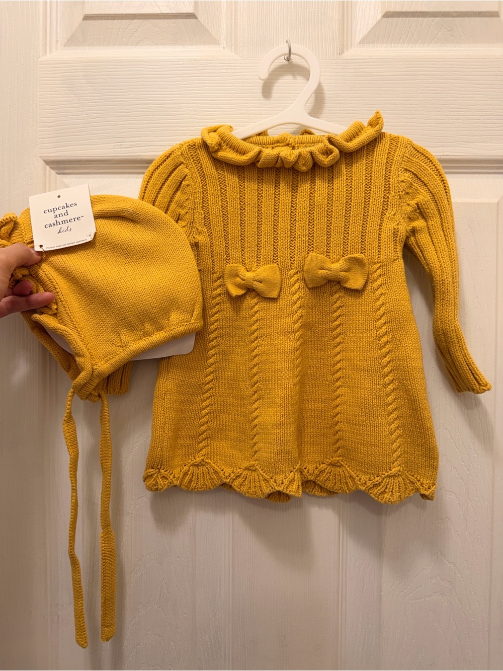 cupcakes & cashmere Mustard Knit Dress with Bonnet